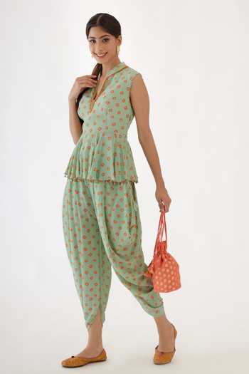 Buy_Nikasha_Green 100% Viscose Crepe Coin, Bandhani Printed Peplum Top And Dhoti Pant Set _Online_at_Aza_Fashions