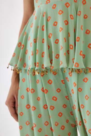 Nikasha_Green 100% Viscose Crepe Coin, Bandhani Printed Peplum Top And Dhoti Pant Set _at_Aza_Fashions