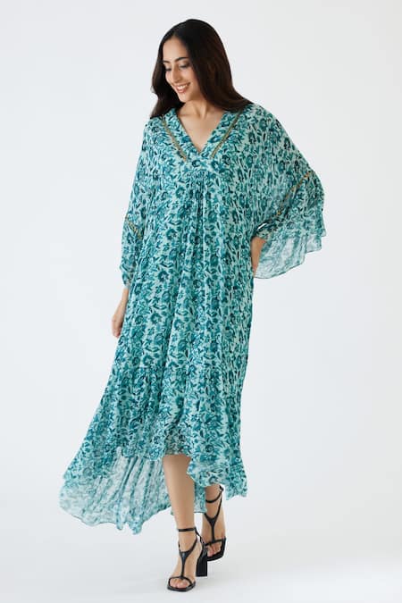 Nikasha_Blue 100% Cotton, 100% Viscose Georgette Floral, Coin V Neck Print Dress _Online_at_Aza_Fashions