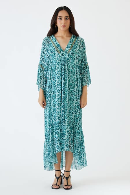 Buy_Nikasha_Blue 100% Cotton, 100% Viscose Georgette Floral, Coin V Neck Print Dress _Online_at_Aza_Fashions