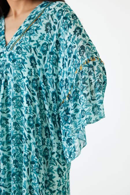 Shop_Nikasha_Blue 100% Cotton, 100% Viscose Georgette Floral, Coin V Neck Print Dress _Online_at_Aza_Fashions