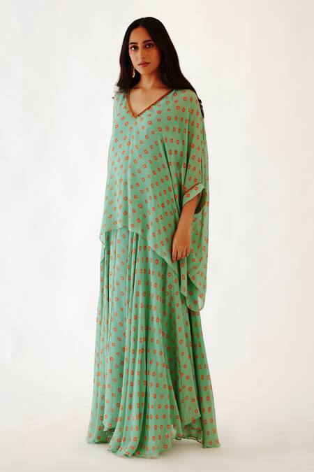 Nikasha_Green 100% Cotton, 100% Viscose Georgette Coin, Printed Tunic And Skirt Set _Online_at_Aza_Fashions