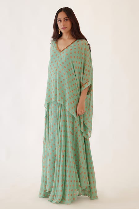Buy_Nikasha_Green 100% Cotton, 100% Viscose Georgette Coin, Printed Tunic And Skirt Set _Online_at_Aza_Fashions