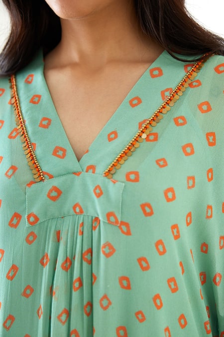 Shop_Nikasha_Green 100% Cotton, 100% Viscose Georgette Coin, Embroidered Neckline Dress _Online_at_Aza_Fashions