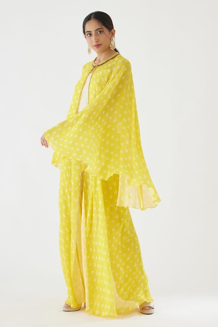 Nikasha_Cream 100% Viscose Georgette Coin, Bandhani Cape Open, Printed And Sharara Set _Online_at_Aza_Fashions