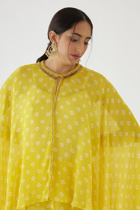 Buy_Nikasha_Cream 100% Viscose Georgette Coin, Bandhani Cape Open, Printed And Sharara Set _Online_at_Aza_Fashions