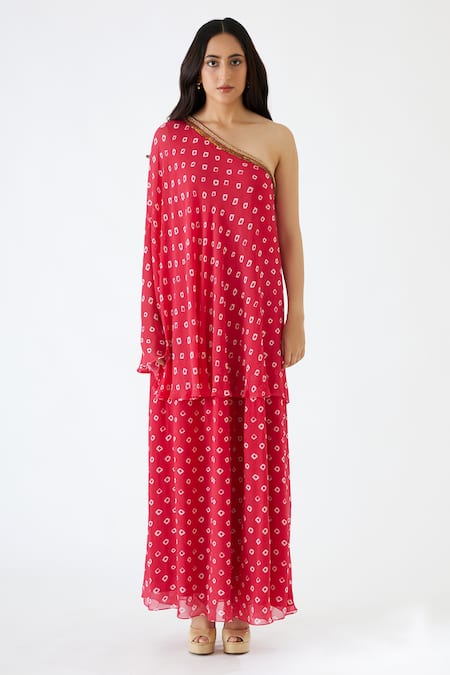 Buy_Nikasha_Pink 100% Cotton, 100% Viscose Georgette Coin, One Shoulder Printed Tunic _Online_at_Aza_Fashions