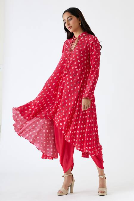 Nikasha_Pink 100% Viscose Crepe Coin, Bandhani Keyhole Printed Tunic And Dhoti Pant Set _Online_at_Aza_Fashions