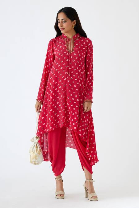 Buy_Nikasha_Pink 100% Viscose Crepe Coin, Bandhani Keyhole Printed Tunic And Dhoti Pant Set _Online_at_Aza_Fashions