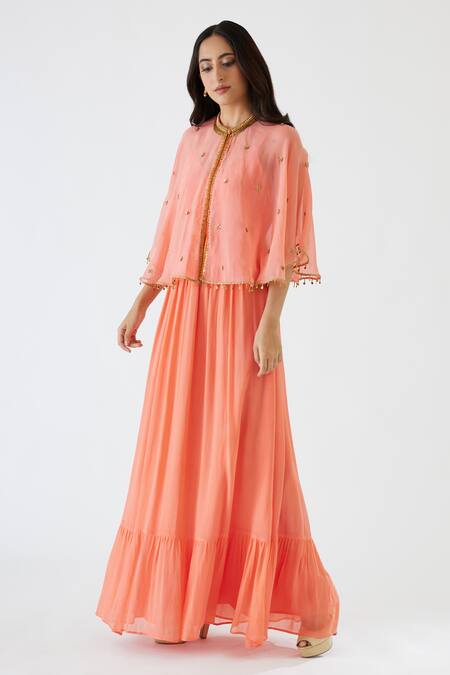 Nikasha Peach 100% Organza, Geogette Sequin, Coin Cape With Embroidered Online at Aza Fashions Nikasha_Peach 100% Organza, Geogette Sequin, Coin Cape With Embroidered _Online_at_Aza_Fashions