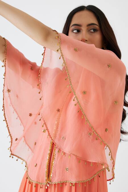 Nikasha Peach 100% Organza, Geogette Sequin, Coin Cape With Embroidered at Aza Fashions Nikasha_Peach 100% Organza, Geogette Sequin, Coin Cape With Embroidered _at_Aza_Fashions