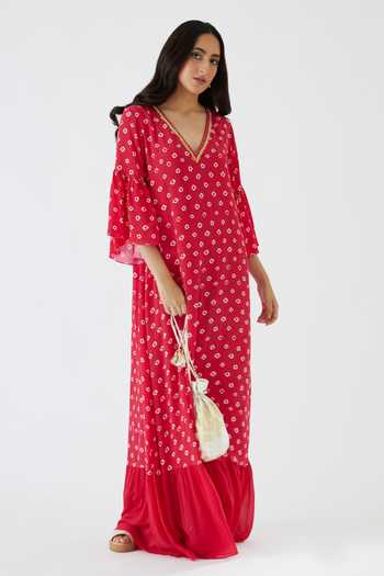 Nikasha_Pink 100% Crepe, 100% Georgette Coin, Bandhani Print Maxi Dress _Online_at_Aza_Fashions
