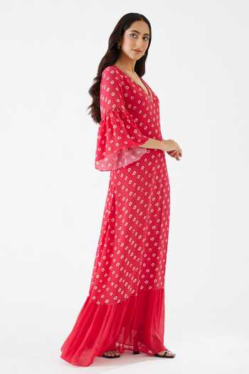 Buy_Nikasha_Pink 100% Crepe, 100% Georgette Coin, Bandhani Print Maxi Dress _Online_at_Aza_Fashions