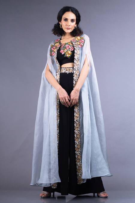 Buy_Nupur Kanoi_Black Organza Round Cape And Pant Set  _Online_at_Aza_Fashions