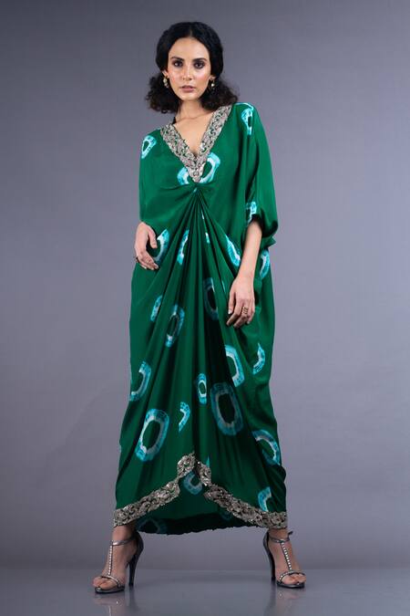 Buy_Nupur Kanoi_Green Crepe V Neck Shibori Draped Dress_Online_at_Aza_Fashions