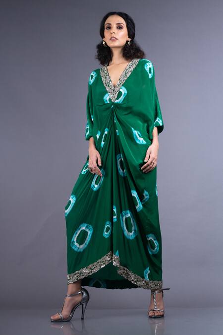 Nupur Kanoi_Green Crepe V Neck Shibori Draped Dress_Online_at_Aza_Fashions