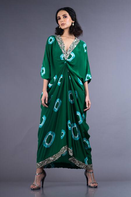 Shop_Nupur Kanoi_Green Crepe V Neck Shibori Draped Dress_Online_at_Aza_Fashions
