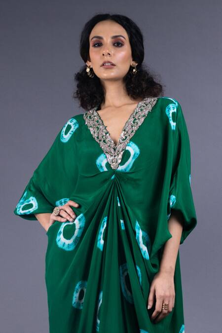 Nupur Kanoi Green Crepe V Neck Shibori Draped Dress at Aza Fashions Nupur Kanoi_Green Crepe V Neck Shibori Draped Dress_at_Aza_Fashions
