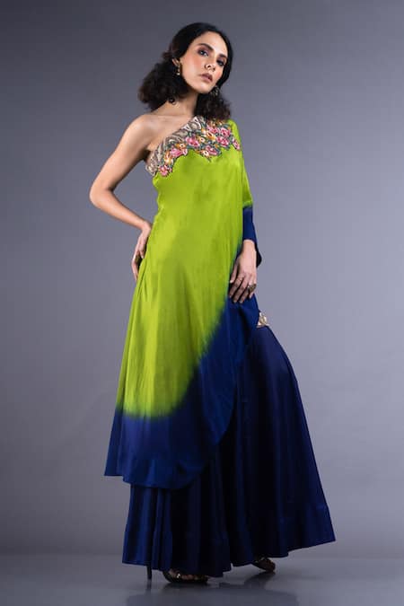 Nupur Kanoi Blue Habutai Silk Asymmetric One Shoulder Cape And Sharara Set  