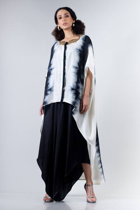 Shop_Nupur Kanoi_White Habutai Silk Round Asymmetric Kaftan And Draped Pant Set _Online_at_Aza_Fashions