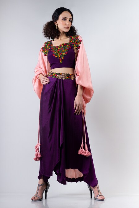 Nupur Kanoi Purple Habutai Silk U Neck Organza Jacket And Dhoti Pant Set 