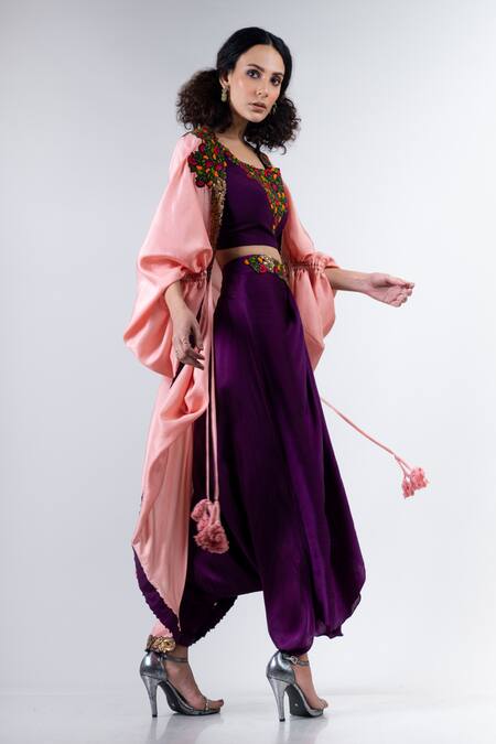 Nupur Kanoi_Purple Habutai Silk U Neck Organza Jacket And Dhoti Pant Set _Online_at_Aza_Fashions