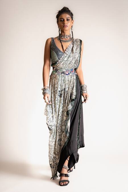 Nupur Kanoi_Off White Blouse- Crepe And Pant- Satin, Palla- Georgette Pre-draped Saree Set_Online_at_Aza_Fashions