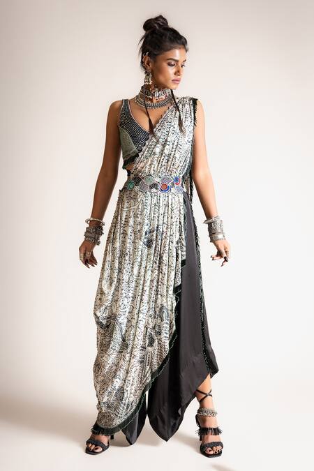 Buy_Nupur Kanoi_Off White Blouse- Crepe And Pant- Satin, Palla- Georgette Pre-draped Saree Set_Online_at_Aza_Fashions