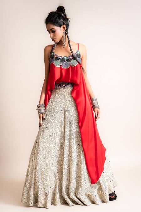 Nupur Kanoi_Red Satin And Georgette, Silky Mirror, Beads, Strappy Top & Circular Pant Set_Online_at_Aza_Fashions
