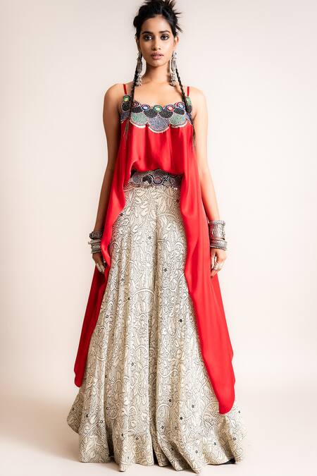 Buy_Nupur Kanoi_Red Satin And Georgette, Silky Mirror, Beads, Strappy Top & Circular Pant Set_Online_at_Aza_Fashions