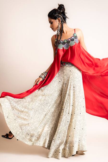 Shop_Nupur Kanoi_Red Satin And Georgette, Silky Mirror, Beads, Strappy Top & Circular Pant Set_Online_at_Aza_Fashions