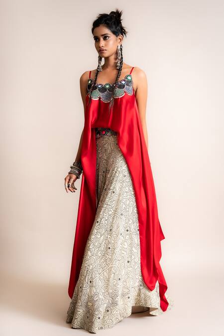 Nupur Kanoi_Red Satin And Georgette, Silky Mirror, Beads, Strappy Top & Circular Pant Set_at_Aza_Fashions