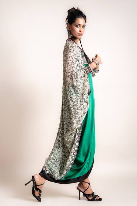 Nupur Kanoi Green Kite- Georgette And Sack Dress- Satin Mirror, Beads, Peacock Print, Jacket & Online at Aza Fashions Nupur Kanoi_Green Kite- Georgette And Sack Dress- Satin Mirror, Beads, Peacock Print, Jacket &_Online_at_Aza_Fashions
