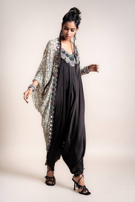Nupur Kanoi_Black Kite- Georgette And Jumpsuit- Satin Mirror, Beads, With Gather Jacket_Online_at_Aza_Fashions