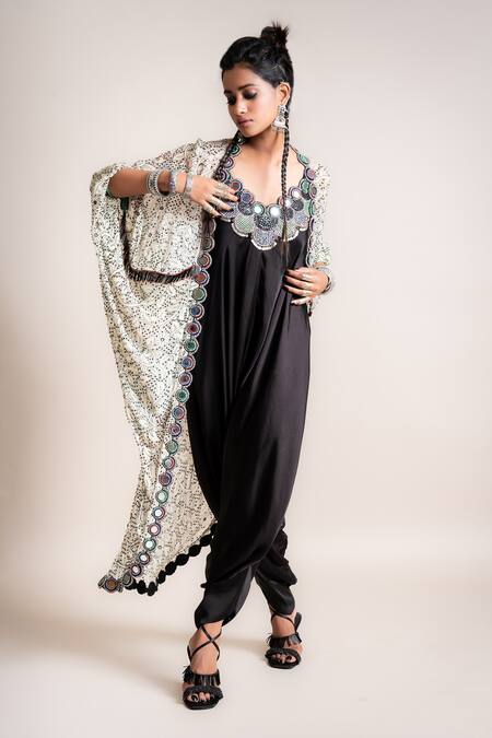 Buy_Nupur Kanoi_Black Kite- Georgette And Jumpsuit- Satin Mirror, Beads, With Gather Jacket_Online_at_Aza_Fashions