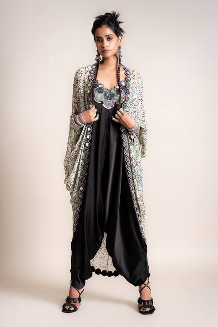 Shop_Nupur Kanoi_Black Kite- Georgette And Jumpsuit- Satin Mirror, Beads, With Gather Jacket_Online_at_Aza_Fashions