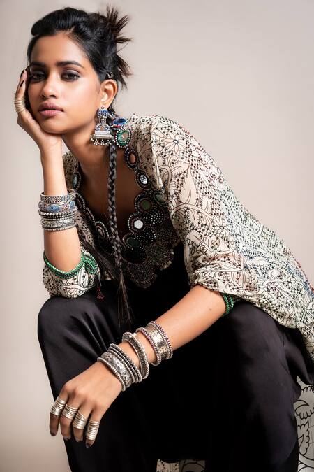 Nupur Kanoi_Black Kite- Georgette And Jumpsuit- Satin Mirror, Beads, With Gather Jacket_at_Aza_Fashions