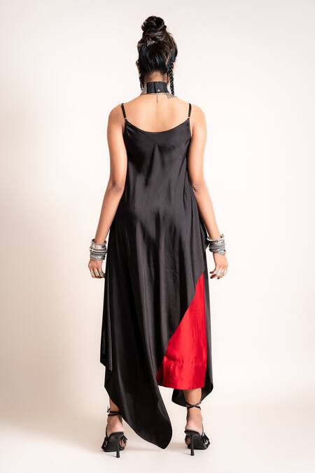 Shop_Nupur Kanoi_Black Satin Embroidered Sequin And Thread Asymmetric Top & Lungi Set  _at_Aza_Fashions