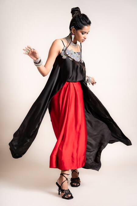 Nupur Kanoi_Black Satin Embroidered Sequin And Thread Asymmetric Top & Lungi Set  _Online_at_Aza_Fashions