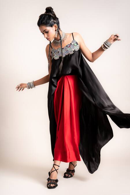 Buy_Nupur Kanoi_Black Satin Embroidered Sequin And Thread Asymmetric Top & Lungi Set  _Online_at_Aza_Fashions