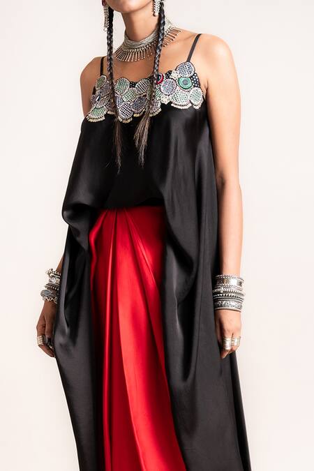 Shop_Nupur Kanoi_Black Satin Embroidered Sequin And Thread Asymmetric Top & Lungi Set  _Online_at_Aza_Fashions