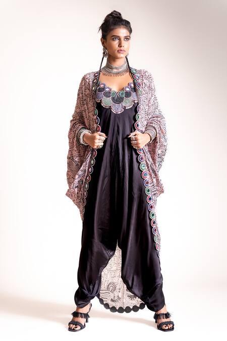 Buy_Nupur Kanoi_Black Jacket Crepe, Jumpsuit Satin Floral, Mirror, Beads, Peacock, With Gather_at_Aza_Fashions