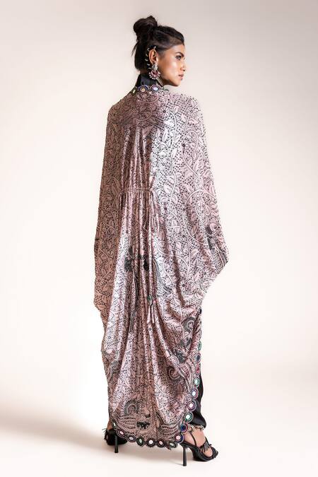 Shop_Nupur Kanoi_Black Jacket Crepe, Jumpsuit Satin Floral, Mirror, Beads, Peacock, With Gather_at_Aza_Fashions