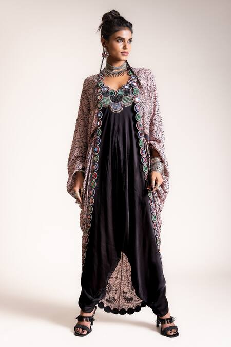 Nupur Kanoi_Black Jacket Crepe, Jumpsuit Satin Floral, Mirror, Beads, Peacock, With Gather_Online_at_Aza_Fashions