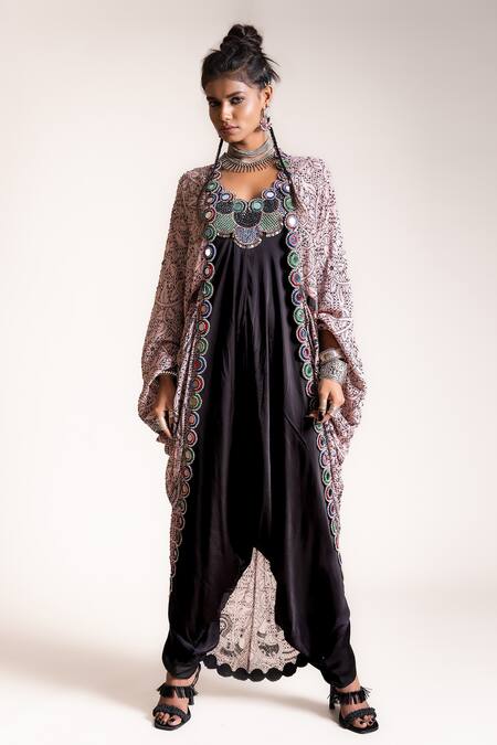 Buy_Nupur Kanoi_Black Jacket Crepe, Jumpsuit Satin Floral, Mirror, Beads, Peacock, With Gather_Online_at_Aza_Fashions