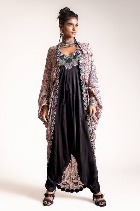 Shop_Nupur Kanoi_Black Jacket Crepe, Jumpsuit Satin Floral, Mirror, Beads, Peacock, With Gather_Online_at_Aza_Fashions