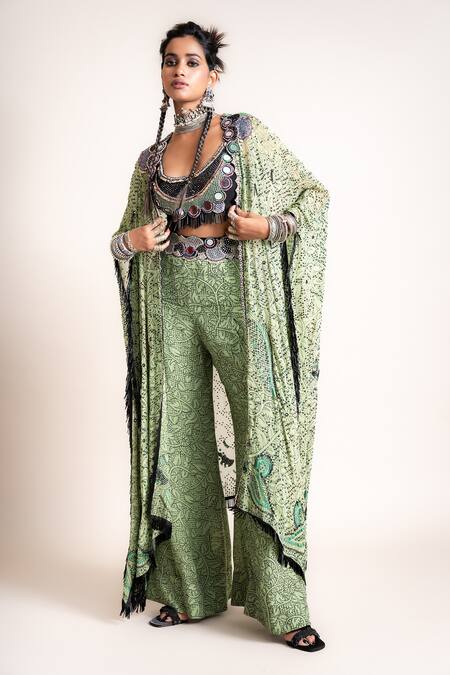 Nupur Kanoi_Green Crepe, Georgette Floral, Mirror, Beads, Peacock, Kaftan A-line Pant Set_Online_at_Aza_Fashions
