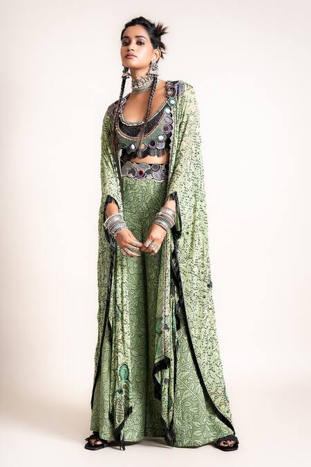 Shop_Nupur Kanoi_Green Crepe, Georgette Floral, Mirror, Beads, Peacock, Kaftan A-line Pant Set_Online_at_Aza_Fashions