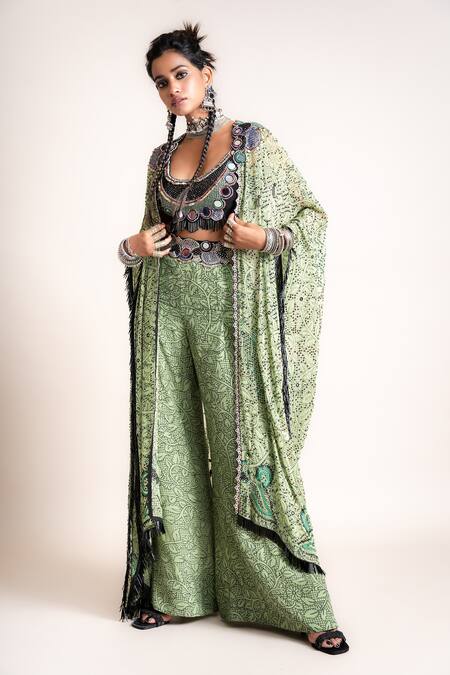 Nupur Kanoi_Green Crepe, Georgette Floral, Mirror, Beads, Peacock, Kaftan A-line Pant Set_at_Aza_Fashions