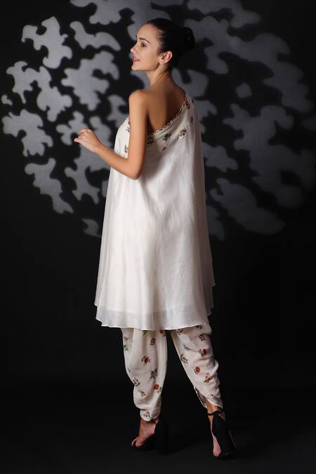 Nikasha_White Handwoven Cotton Jamdani Asymmetric One Shoulder Tunic And Dhoti Pant Set _Online_at_Aza_Fashions